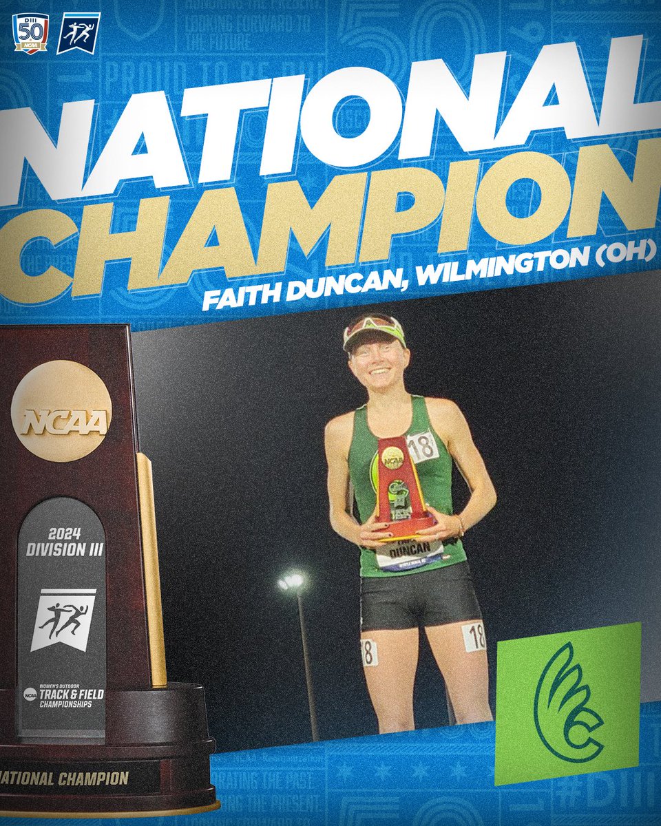 NCAADIII's tweet photo. 🏆NATIONAL CHAMPION🏆

Faith Duncan of @DubCQuakers takes the women's 5,000m run title with a time of 16:44.12.

#D3tf | #WhyD3 https://t.co/kmz2I6hHDC
