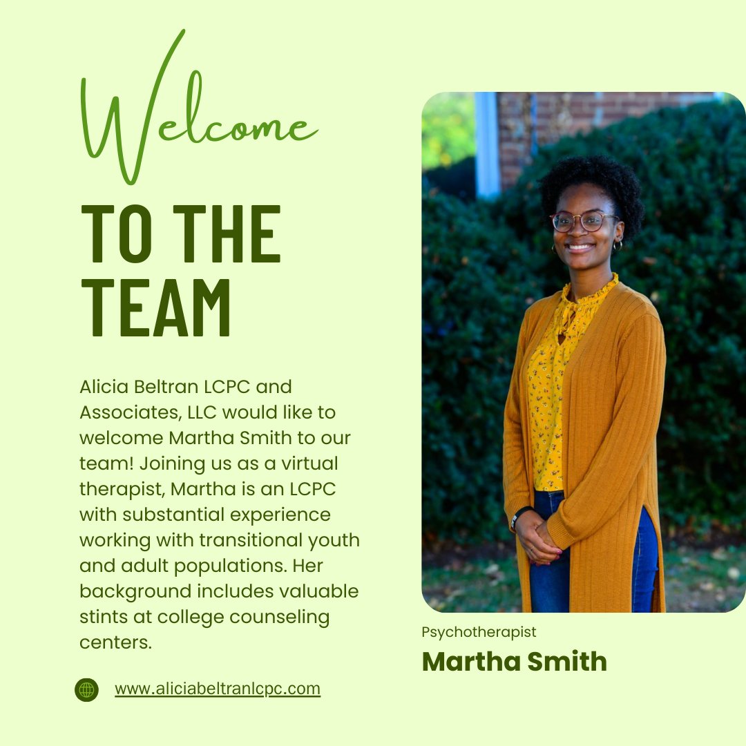 Please join us here at Alicia Beltran LCPC and Associates, LLC in extending a very warm welcome to Martha Smith!
#therapy #Therapist #therapygroup #marylandtherapist #welcomemarthatotheteam #aliciabeltranlcpcandassociatesllc #AliciaBeltranLCPCandAssociatesLLC