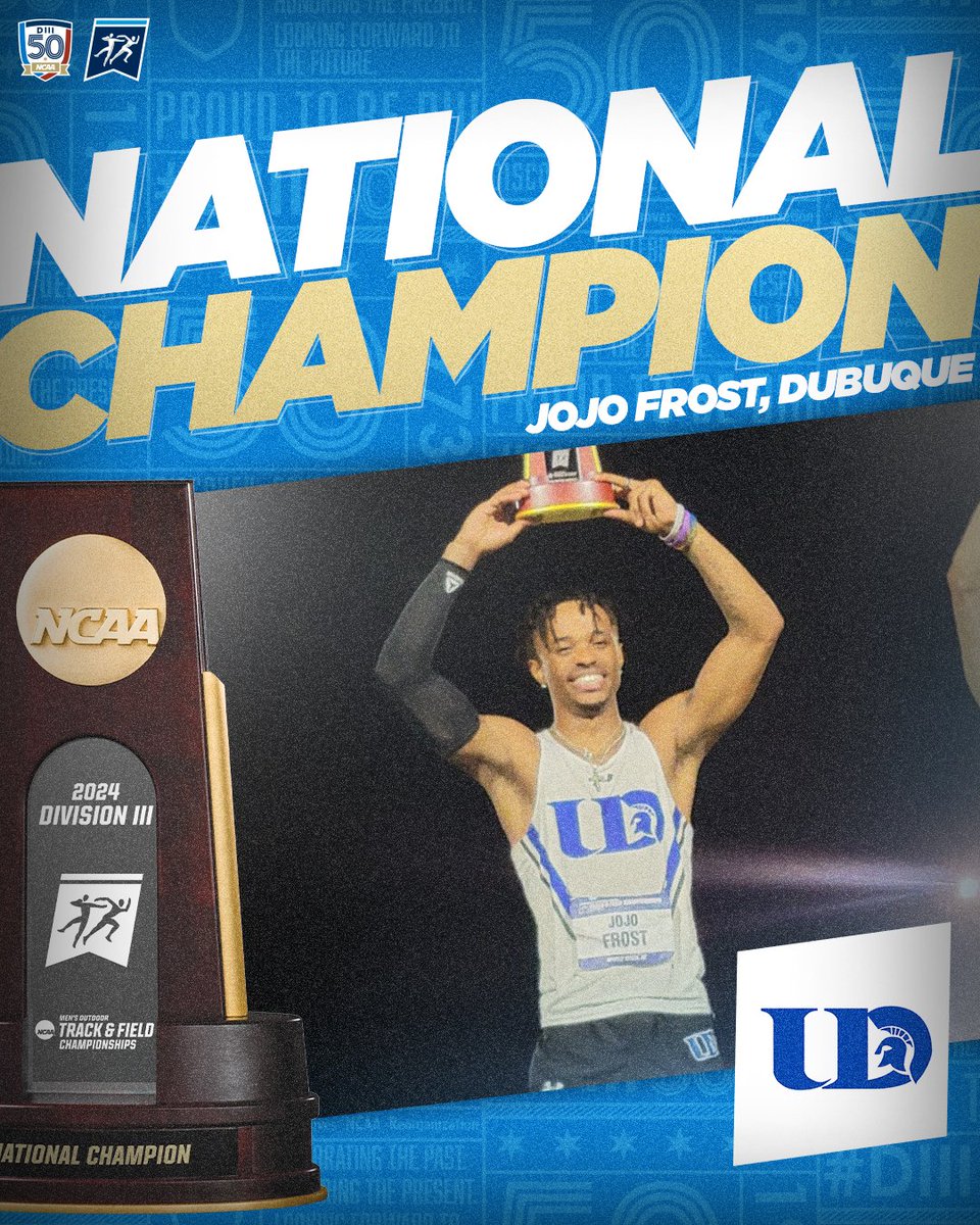 NCAA Division III (@ncaadiii) on Twitter photo πNATIONAL CHAMPIONπ
JoJo Frost of <a href="/UDubuqueSports/">University of Dubuque Spartans</a> wins the men's 400m hurdles with a time of 51.04 seconds.
#D3tf | #WhyD3 πNATIONAL CHAMPIONπ
JoJo Frost of <a href="/UDubuqueSports/">University of Dubuque Spartans</a> wins the men's 400m hurdles with a time of 51.04 seconds.
#D3tf | #WhyD3
