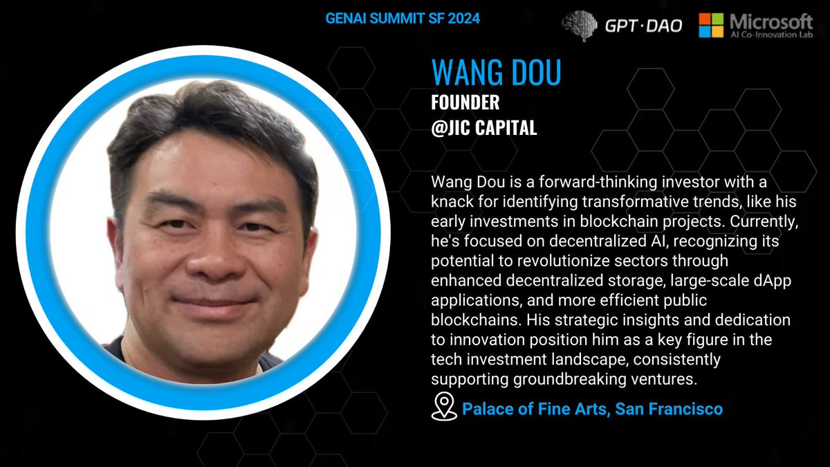 genaisummitsf's tweet photo. 🔥Meet Wang Dou @wangdou, the trailblazer behind JIC Capital @JICcapital, at the #GENAI #Summit #SF 2024: https://t.co/K8P3XUmTPk 🔥
Wang Dou, Founder of @JICCapital, is a visionary entrepreneur and investor at the forefront of cutting-edge technologies like #blockchain, #AI, and decentralized #finance. JIC Capital stands out as a pioneering venture capital firm, strategically investing in and incubating disruptive startups that redefine industries.
Witness his insights on harnessing the power of decentralized AI, blockchain, and emerging technologies to shape the future of industries.