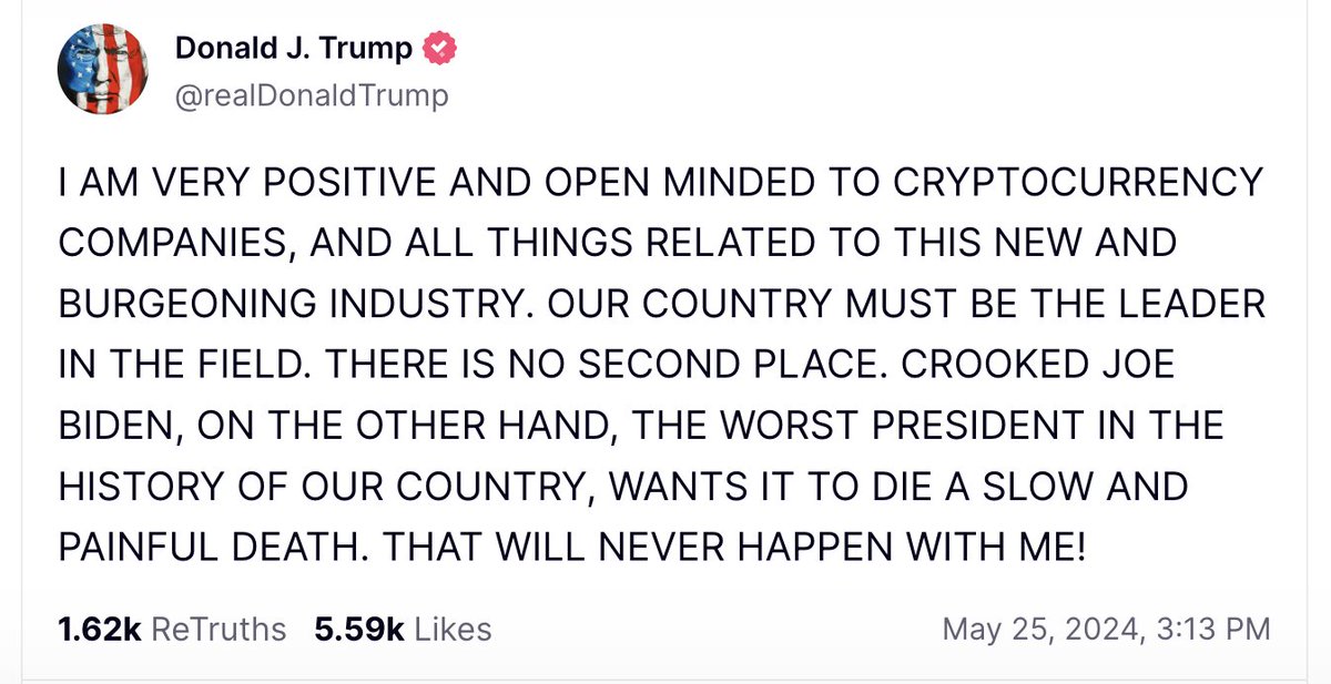 If you were put in a time capsule to May 2023, and someone were to tell you that in a year:

- Bitcoin would break ATH
- BTC &amp; ETH spot ETFs would be approved
- 3 pro crypto bills would pass house
- &amp; Trump was saying this

Would you believe it?