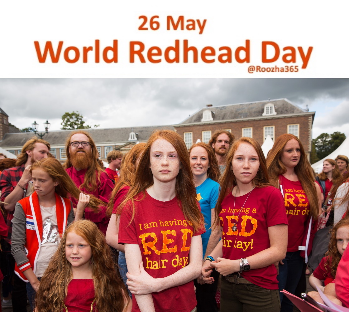 ۲۶ مه #روز_مو_قرمزها است. حدود ۲ درصد مردم جهان به صورت ژنتیکی موی قرمز دارند و بیشترین تعداد موقرمزها در اسکاتلند است #روزها #WorldRedheadDay t.me/Roozha365