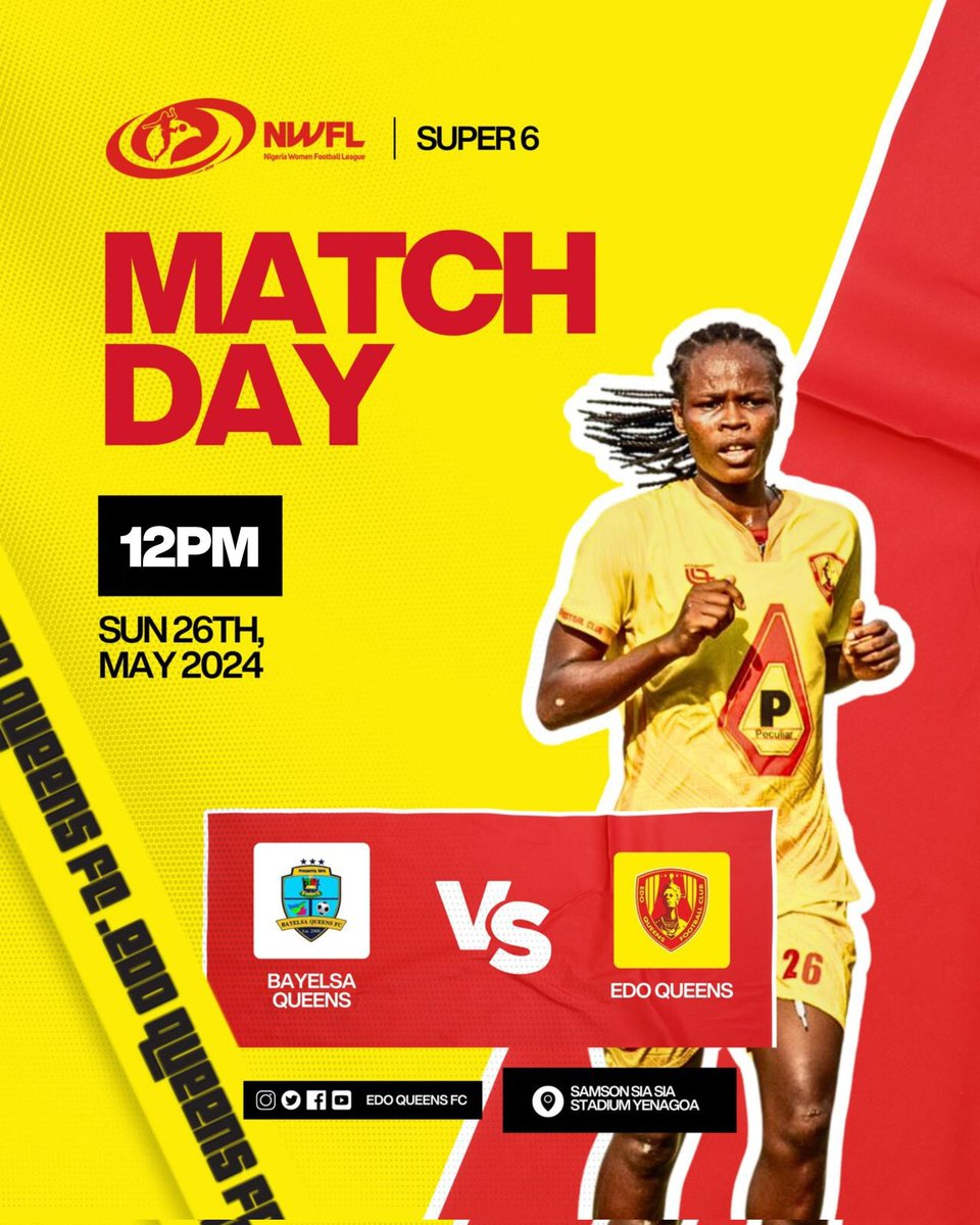 "The horse is ready for battle, But deliverance and victory belong to the LORD."

90 MINUTES MORE 💪 

⌚: 12: Noon
As we take on <a href="/bayelsaqueens/">bayelsaqueens</a> in our quest for GLORY 
🏟️ : Samson Siasia stadium Yenagoa 
#BAYEDO
#NWFLpremiershipsuper6
#ALLORNOTHING

ADAAAAA EDO QUEENS 👑💛♥️