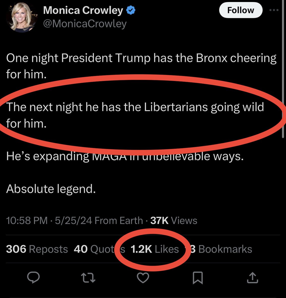 There is zero connection to reality with this post from Monica Crowley. But lots of engagement.