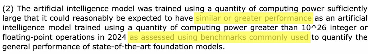 Dove into the 'covered model' definitions in SB 1047 (Sec. 3f2). This is absurd. ⬇️🧵 on why scaling laws mean that virtually *all LLM's could come under govt supervision* by SB 1047 if a well-funded entity decides to train a suboptimal model this year.