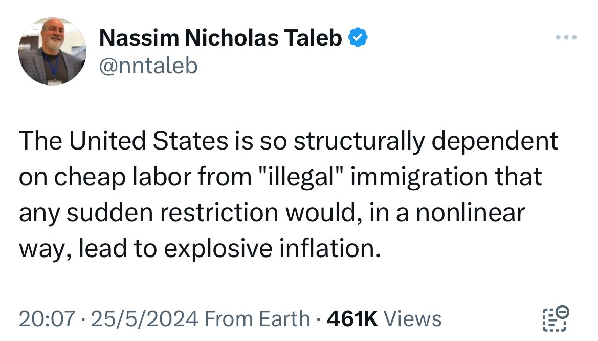 I disagree, illegal immigration is always very inflationary but in the current situation that isn’t filtering in the “official” data because the BLS and fellow G7 Data Agencies are blatantly manipulating #inflation to unrealistically low levels for political purposes 🥹 @nntaleb