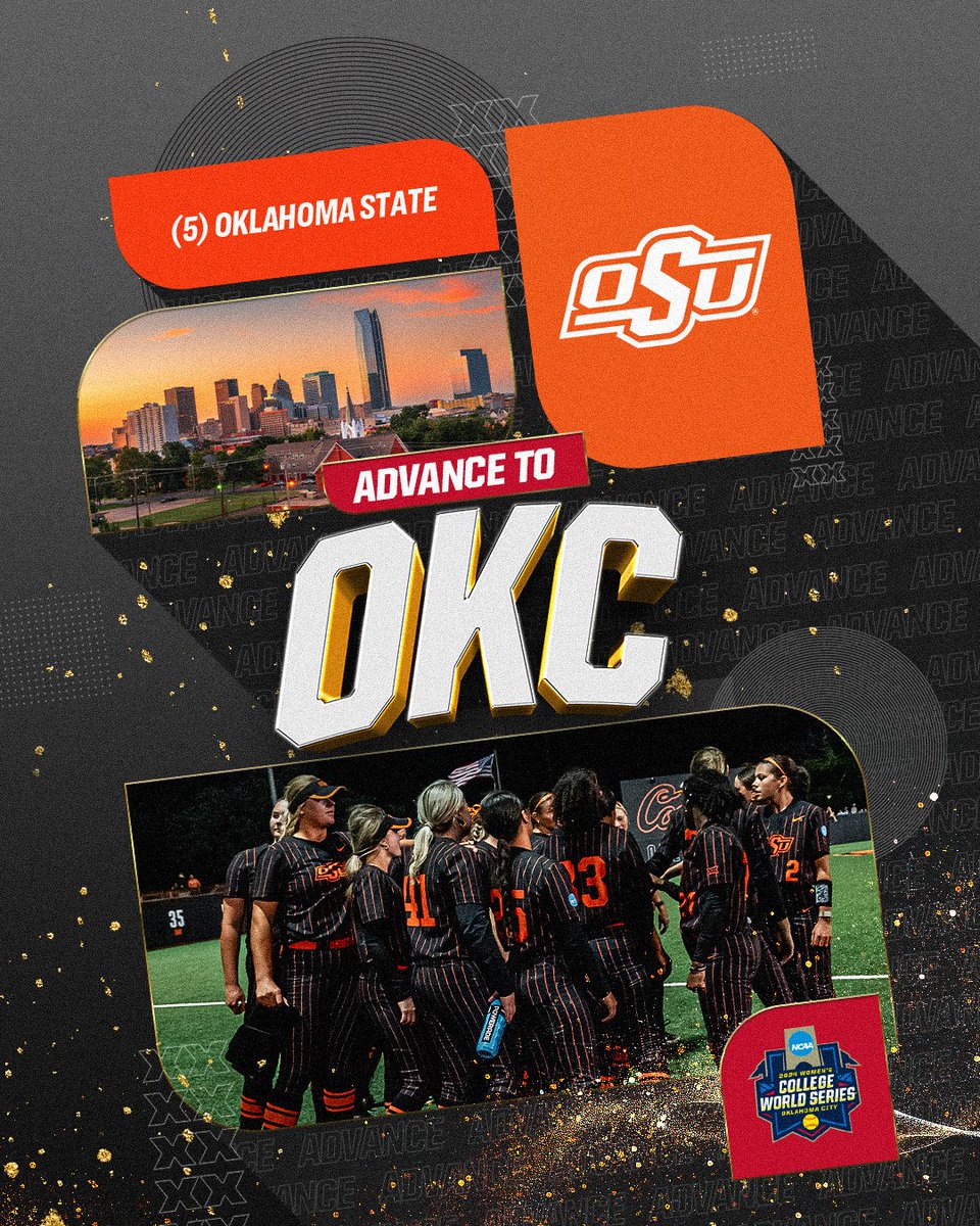 NCAASoftball's tweet photo. Saddle up, Cowgirls, you're heading to the #WCWS for the fifth time in a row 🤠

(5) @cowgirlsb defeats Arizona, 10-4, to sweep the Stillwater Super Regional.

#RoadToWCWS https://t.co/nKCIFlBJ9U