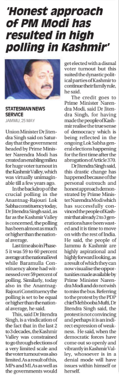 The Statesman: Honest approach of PM Sh @NarendraModi has resulted in high polling in #Kashmir #JammuAndKashmir #LokSabhaElection2024 Read: thestatesman.com/india/honest-a…
