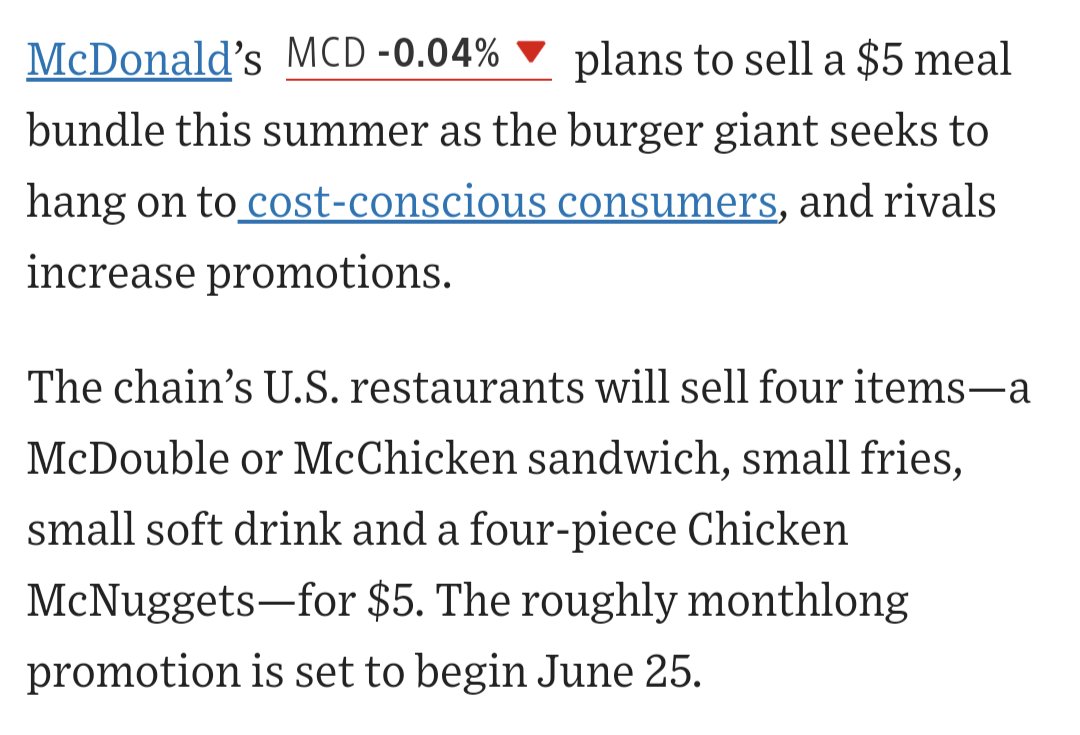 考虑美国人民钱袋子紧通胀恐惧心理，麦当劳将从6月下旬推出5美刀套餐，包含一个汉堡，小份薯条，小份饮料，以及四个麦乐鸡。这个分量和价格都不错👍