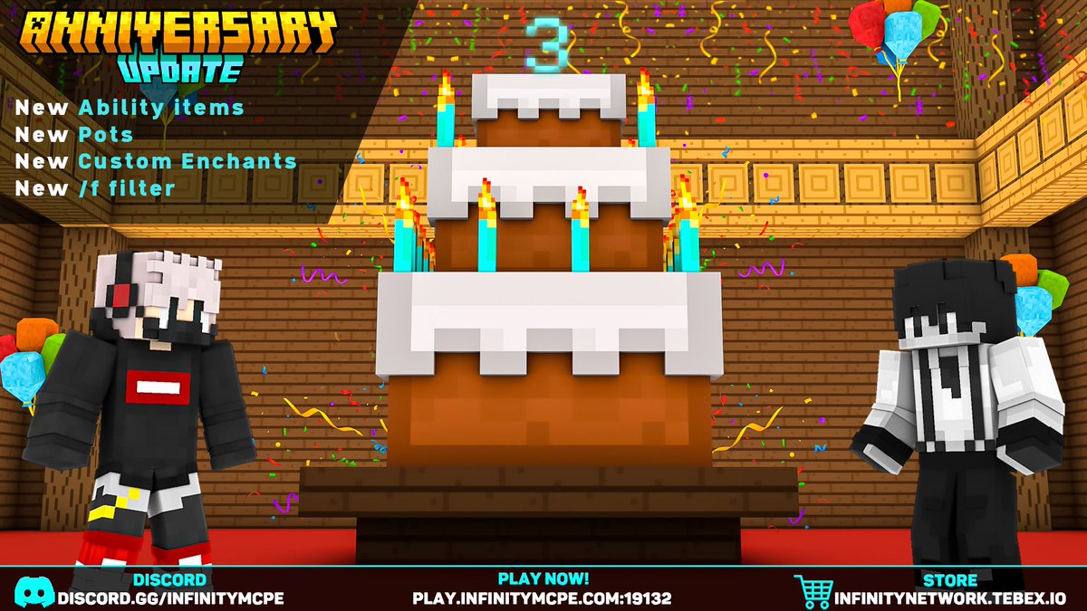 InfinityHCF's tweet image. 🎉Infinity | 3rd Anniversary🎉

Hoy se cumplen 3 AÑOS desde la apertura de Infinity, agradecemos todo el apoyo que nos han dado en este bonito tiempo con nosotros! Vamos festejarlo con una Update que estará disponible en el SOTW!
🎉Giveaway 🎉
1x Rank Universe 
1x Rank Mercury