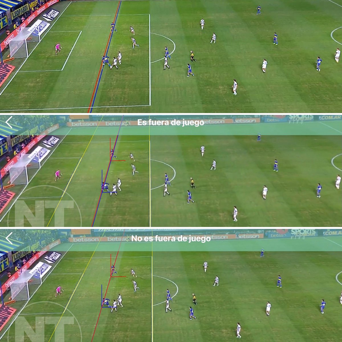 Arriba) Las líneas que tiró el VAR, dos cuadros antes del elegido por la transmisión de TV, y le dieron offside de Cavani por su rodilla izquierda.

Al medio) Las líneas que tiré con la app española NT Fútbol, un cuadro después del elegido por el VAR, y que dan a Cavani en