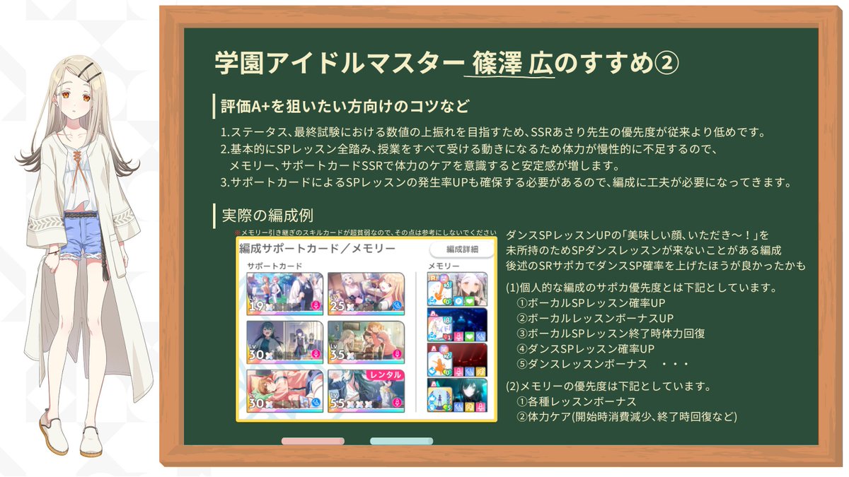 kitakami_zatta's tweet photo. 篠澤広の育成方針あれこれをざっくりとまとめてみました！！！！！！！！！！！！   
Pレベル25､A+取得程度における内容になりますのでその点ご了承ください。 
#学マス https://t.co/Tld8aNq7t3