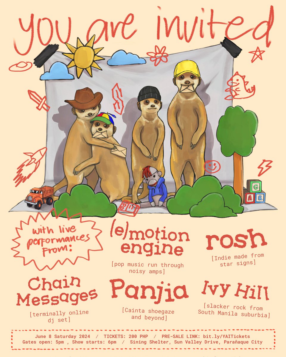 GOOD AFTERNOON EVERYONE, ALL OF YOU ARE INVITED 💌 with live music by: @e_motion_engine (shoegaze) rosh (alt pop) @itwontworkelija @L0VEL3SS_2007 (zoomergaze) @ivyhill806 (noise rock) We've got a DIY house show on June 8 . 200 lang entrance. Come through at @siningshelter.