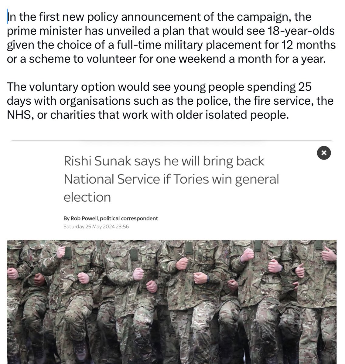 Sunak plans to bring back National Service? Wonder how the organisations themselves view this plan? The Police, Fire Service, NHS having to supervise unwilling 18 year olds? news.sky.com/story/sunak-sa…