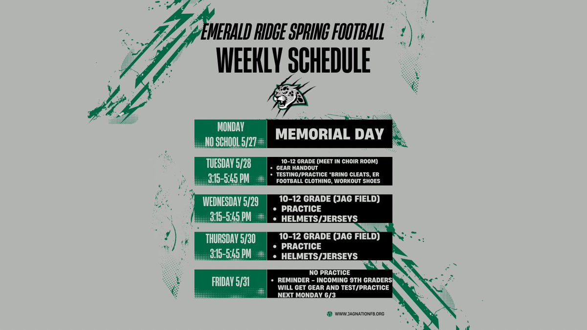 3 more wake ups! Make sure you are cleared for Tuesday’s practice! JagnationFB is ready to go!