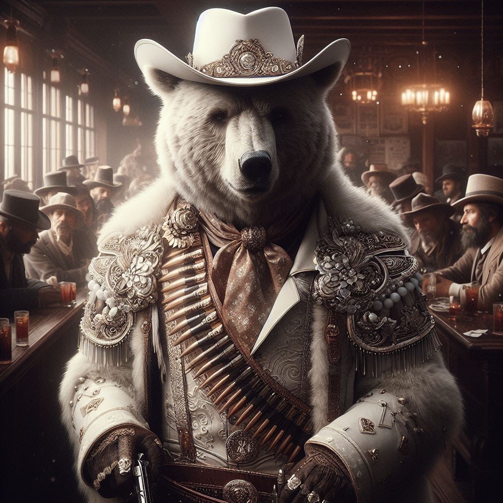 A grizzly bear dressed as a cowboy walking into a crowded saloon bar during the wild west, digital art.
