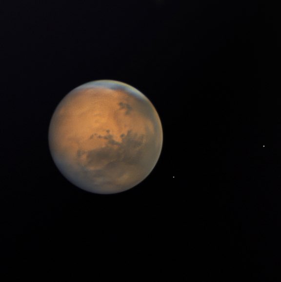 @MAstronomers Here’s my best photo of Mars! Captured using a 14” scope from my backyard. It’s actually facing the same way, you can see Valles Marineris in the center of the photo.