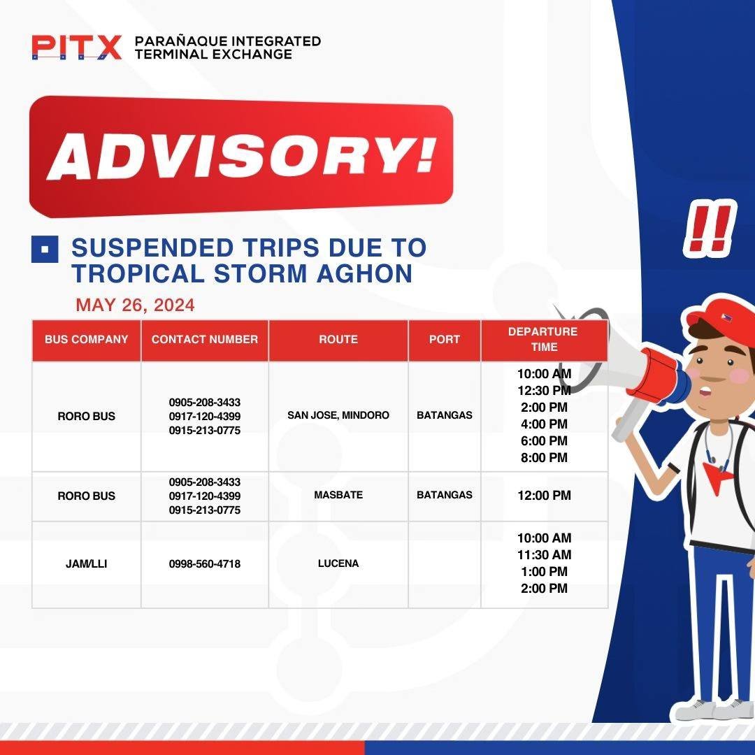 LOOK: Suspendido ang ilang mga byahe ng Parañaque Integrated Terminal Exchange o PITX sa mga sumusunod na lugar dahil sa sama ng panahon dala ng bagyong #AghonPH:

- San Jose, Mindoro
- Iloilo City
- Tagbilaran, Maasin, at Laoang
- Masbate
- Lucena City

DZRH News

📷: PITX