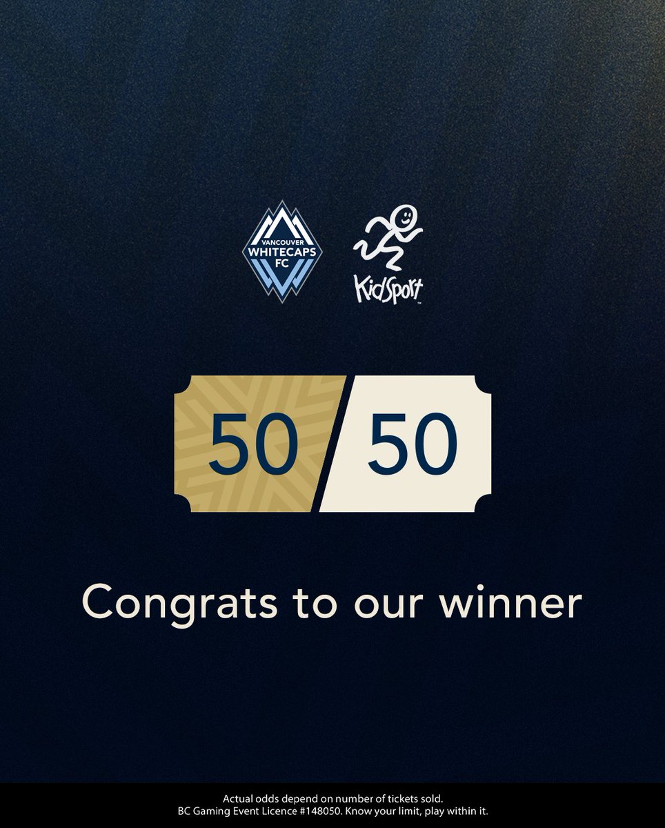 50/50 Winner 👇 Thank you for supporting & empowering kids through sport 🙏 🎟 AM-6684593, congratulations! #VWFC | #VANvMIA | @KidSportBC
