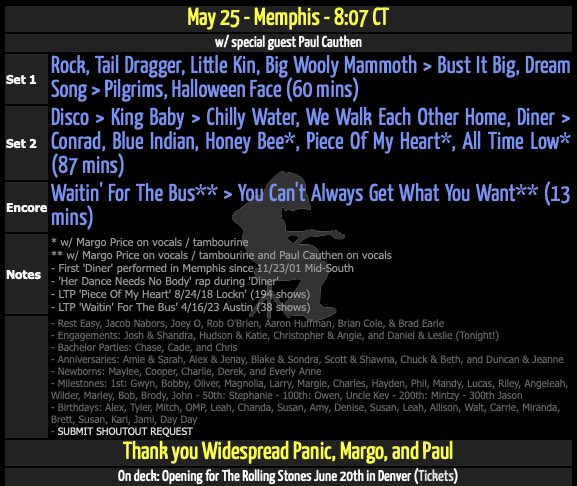 Memphis is in the books. Well done <a href="/WidespreadPanic/">Randy Crabtree</a> , <a href="/MissMargoPrice/">Margo Price</a>, <a href="/CauthenMusic/">Paul Cauthen</a> 

Next up, opening for the <a href="/RollingStones/">The Rolling Stones</a> during Red Rocks weekend.