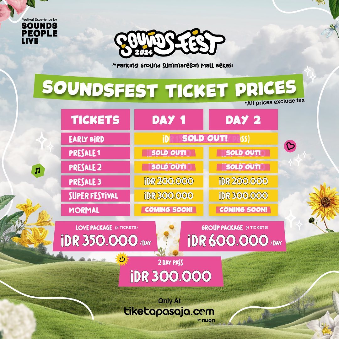 ges ak msih jwlan tix soundsfest, yg mw bs sung dm aj ygy. ak jwal smua yg tertera di poto, festival, superfest, group/love package, dan 2 day pass. ni yg mw cod bisa jabodebek only yh, klo di ikn ak skip dlu. 
t. wts want to sell tiket soundfest #zonauang #zonaba #infokonser