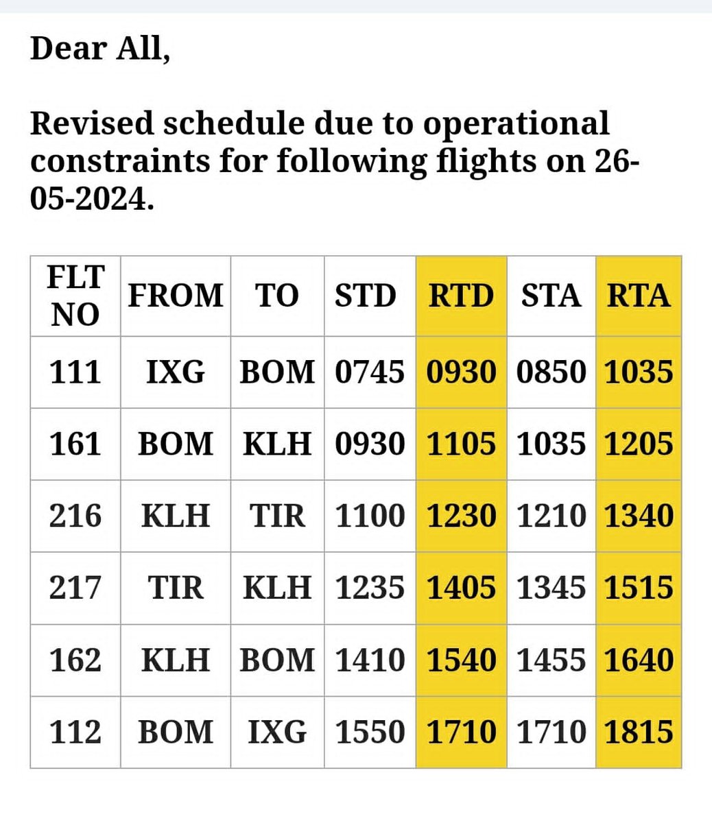 #AttentionPlease Revised Schedule of #STARAIR #KLH #BOM #TIR for today 26/05/2024 Sunday. #FlyKLH @OfficialStarAir @KOLHAPUR_POLICE @aairedwr