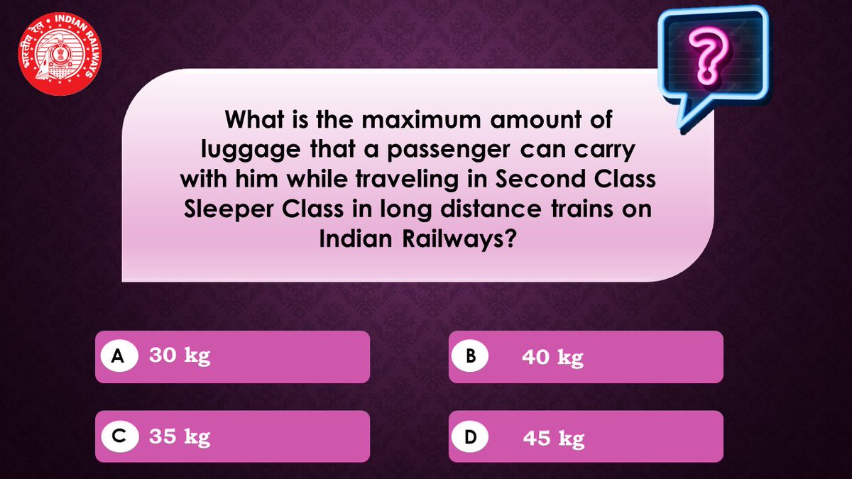 Guess how many kilograms of luggage can a passenger carry with them while traveling in Second Class Sleeper Class in long distance trains on Indian Railways? 🧐 #SWRQuizMania #QuizTime