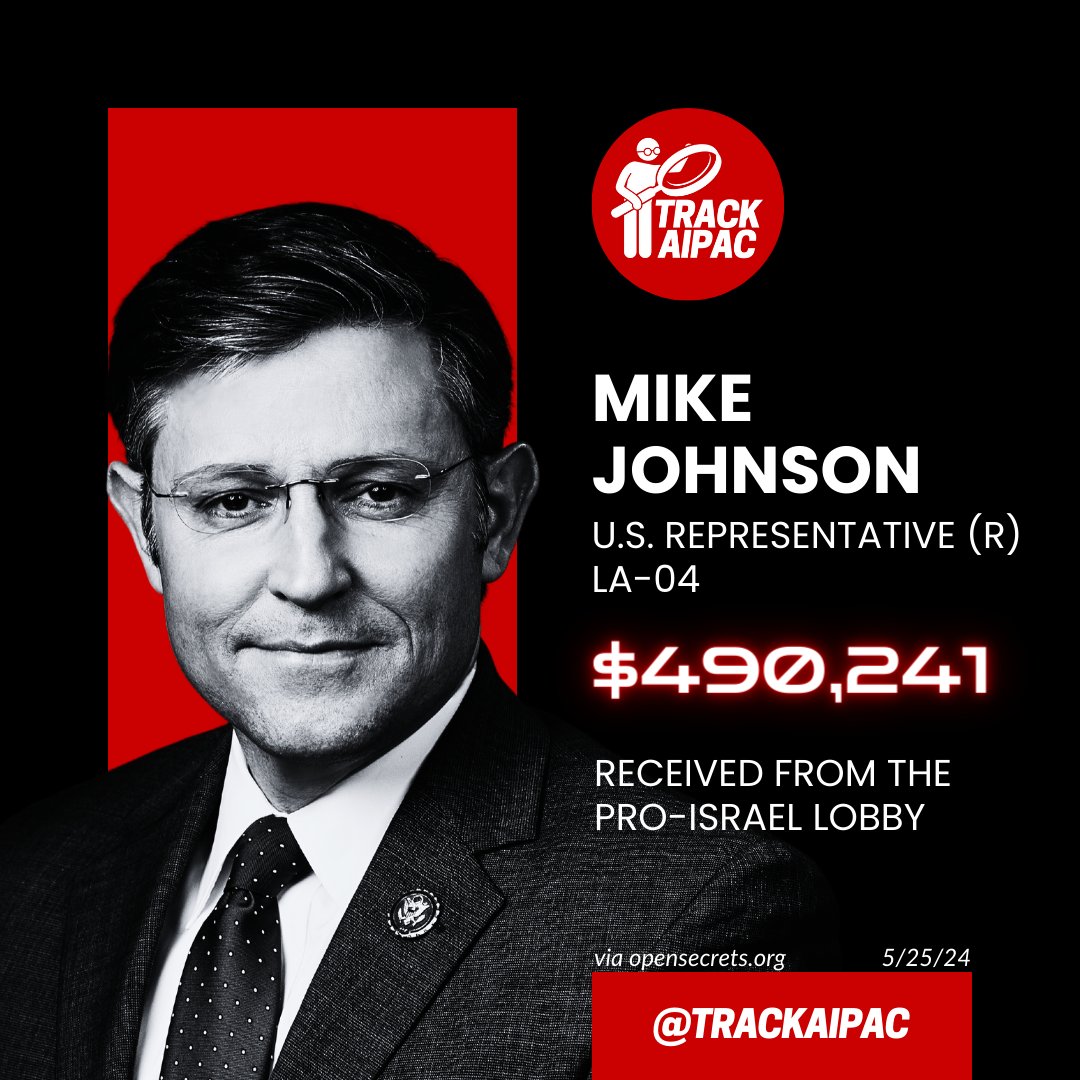 @SpeakerJohnson Speaker Mike Johnson is collecting hundreds of thousands of dollars from AIPAC and the Israel lobby to push their agenda in Congress. The Speaker of the House is COMPROMISED. #RejectAIPAC