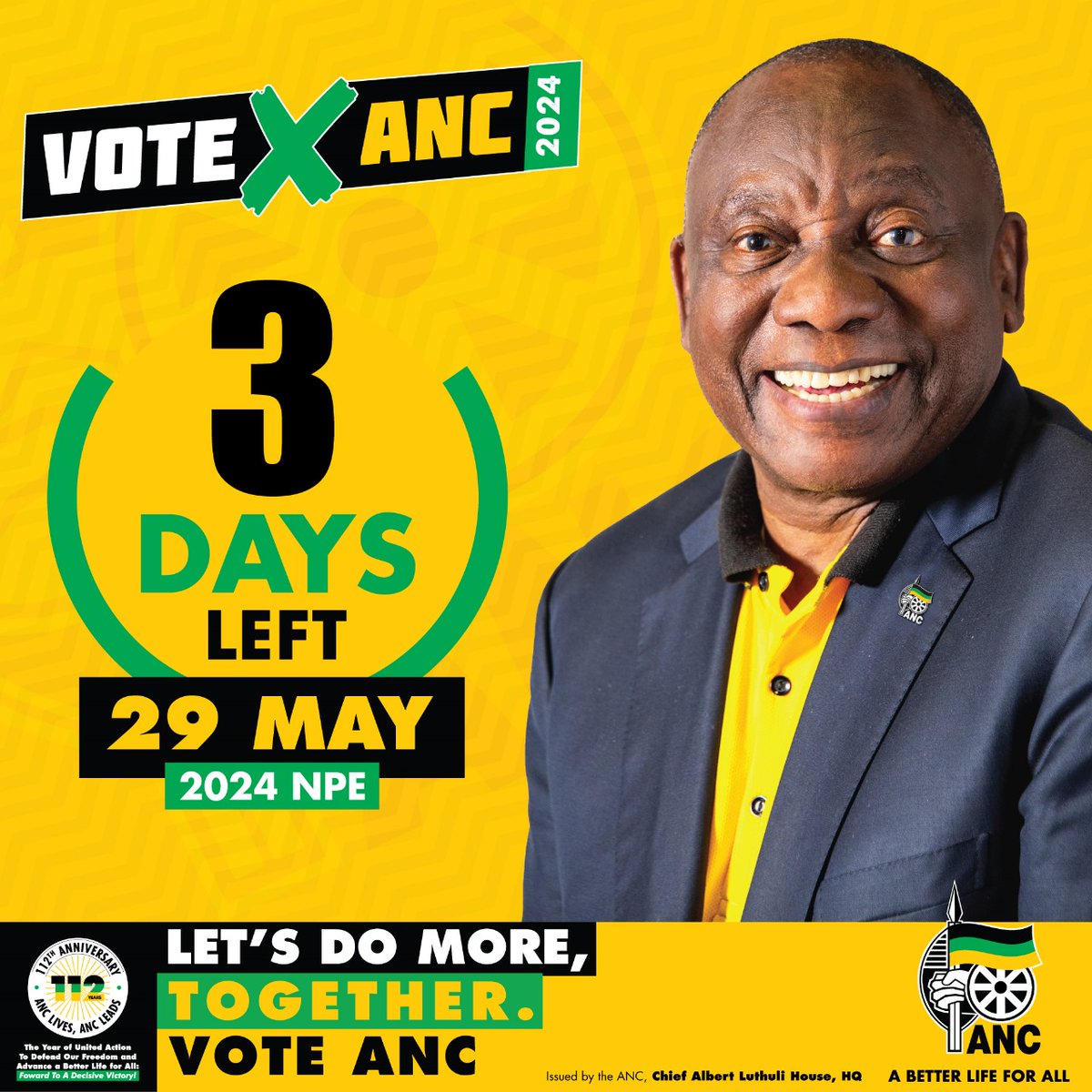 MYANC's tweet photo. 3 Days to go until the 2024 National and Provincial Elections, make sure to vote ANC on the 29th of May 2024!

1st Ballot: #VoteANC ❎
2nd Ballot: #VoteANC ❎
3rd Ballot: #VoteANC ❎

#VoteANC2024
#LetsDoMoreTogether ⚫️🟢🟡 https://t.co/zMi2xgCnwd