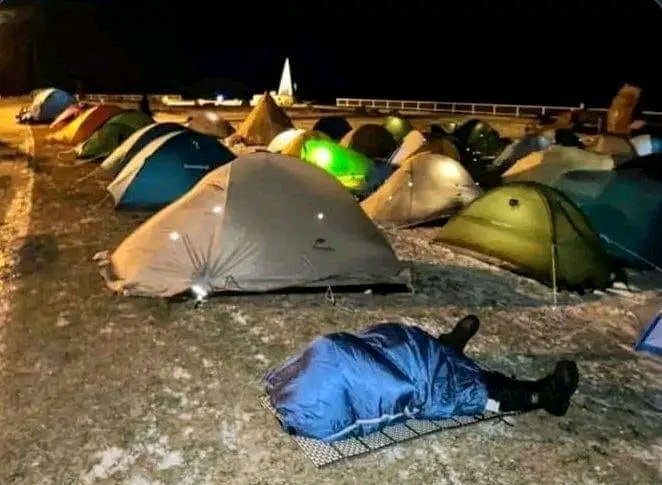 Next time he will learn to pitch his tent first before drinking alcohol.