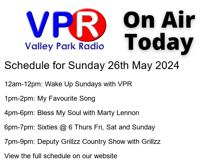 📻 #OnAir today: 🕛 12am: Wake Up Sundays with VPR 🕐 1pm: My Favourite Song 🕓 4pm: Bless My Soul with Marty Lennon 🕕 6pm: Sixties @ 6 Thurs Fri, Sat and Sunday 🕖 7pm: Deputy Grillzz Cou... #HospitalRadio #OnAir #ListenLocal #ValleyParkRadio bit.ly/vprweb