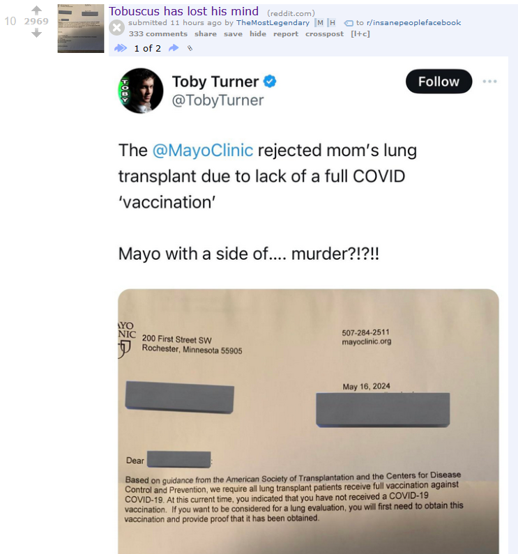 Redditors are calling Tobuscus insane for being upset that MayoClinic just rejected his mother's lung transplant because she wasn't vaxxed for covid.