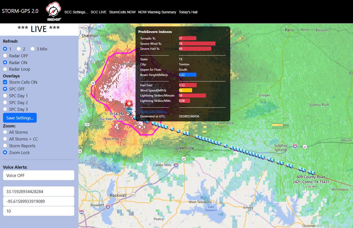 STORM_GPS_2's tweet photo. This Radar Indicated UPDATE IS to a LONG TRACK TORNADO THAT WAS DOING DAMAGE!
At 1154 PM CDT , a severe thunderstorm capable of producing a tornado was located 8 miles northwest of Merit , or 15 miles east of McKinney , moving east at 55 MPH. STILL A DANGEROUS STORM! #TXWS https://t.co/lhkTKTSEAf