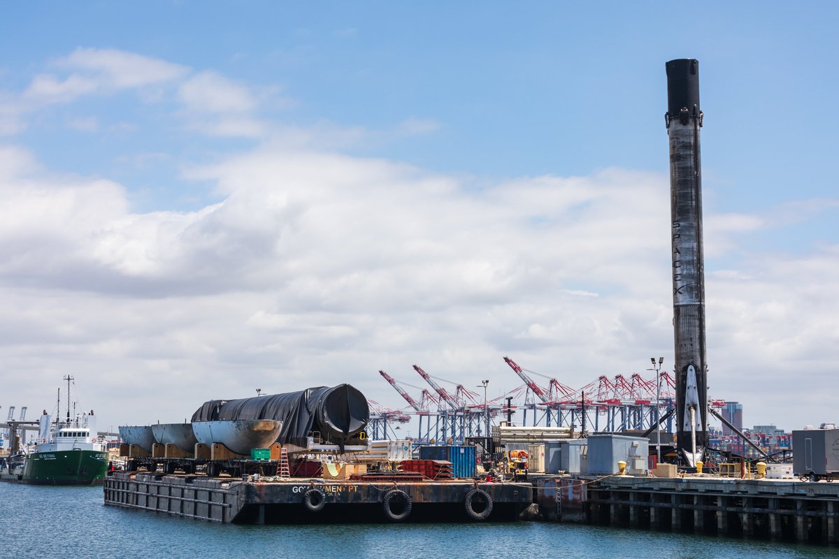 A nice little family of recovered space hardware at Port of Long Beach today, with a slightly slanty Falcon 9 back from its NROL-146 mission.