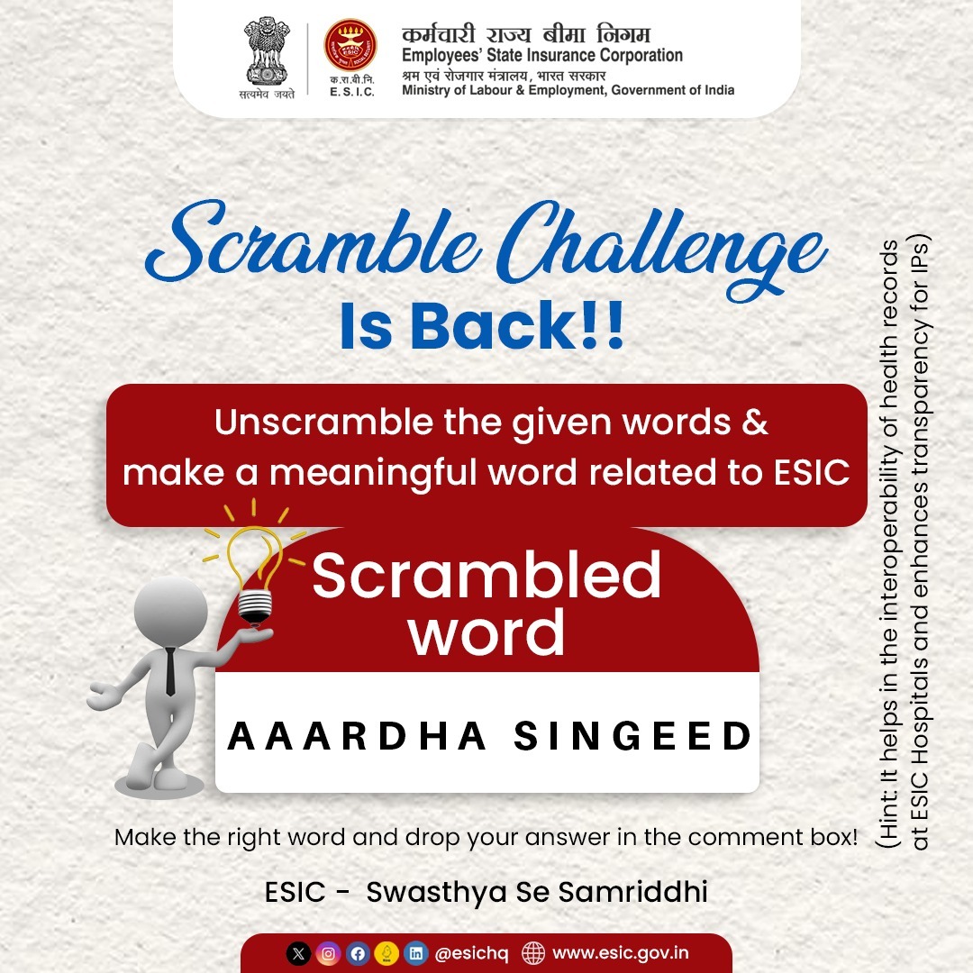 esichq's tweet photo. Are you ready for the challenge?
Solve these scrambled words and make meaningful words that are related to ESIC. You can also refer to the previous posts for more hints.
#ESICHq #Aadhaar #AadhaarSeeding #FunTime #ScrambleChallenge #SolveThis #ESIService https://t.co/Ve7Xhveaor