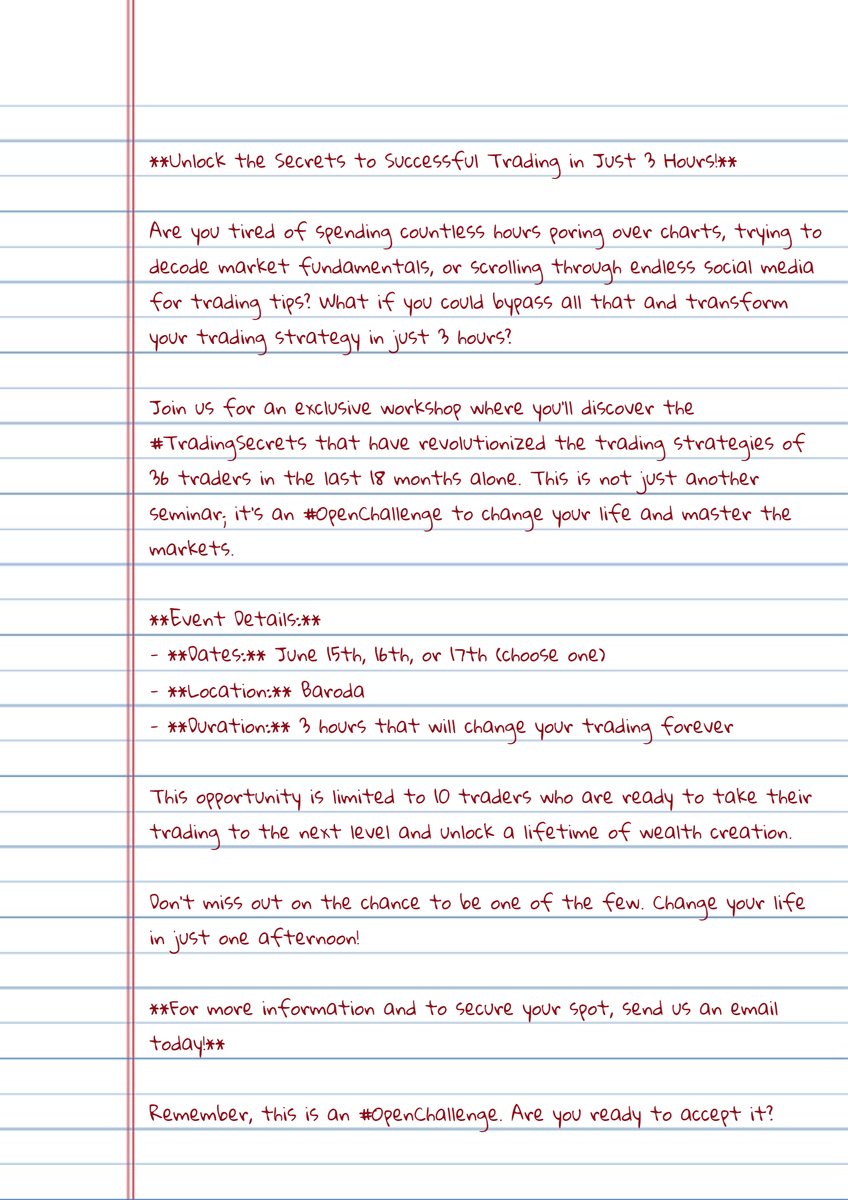 #TradingSecretSeminar 

•Spare 3 hours of life 
•Remember : 15th-16th-17th June
•Just select one date 
•My #Openchallenge :In Trading u will not lose Money
•Life time create wealth from any Financial Instrument.
•Place :Baroda

Technically Yours
IamAnirudhSethi@Gmail.com