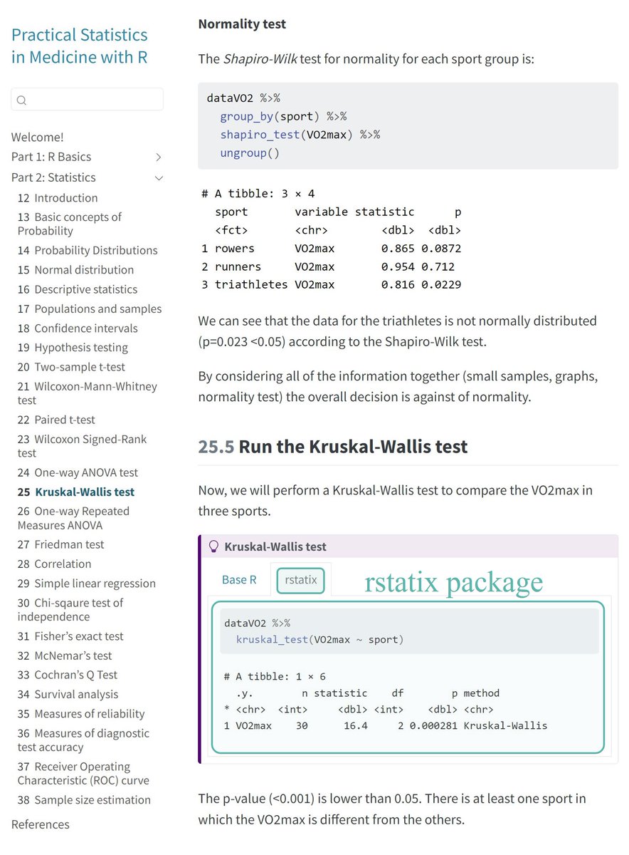 📚 practical-stats-med-r.netlify.app

医療統計で R を使いたい人のための本 🧪

R の基礎（型・データ処理）からよく使う統計手法までを code を交えて解説

Base R 関数の code の他に，tidy に検定をパイプで追加できる rstatix 📦
 (github.com/kassambara/rst…) を使用したものも例示しているのは特徴的