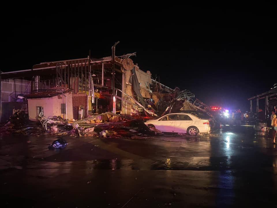 12:16am - Here is a photo of the major damage to buildings at I35 and Lone Oak Road between Valley View and Sanger. Several injuries have been reported. EMS Triage is underway. Ambulances from across Denton and Cooke counties have been sent to the scene. Travel along I35 remains