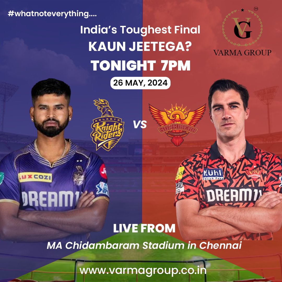 VarmaGroup's tweet photo. "๐ Who Will Clinch the IPL Final? KKR vs SRH โ Make Your Guess! ๐" - #IPL2024 #IPLFinal #KKRvsSRH
For More Details,
Contact: 9966 111 397
Website: https://t.co/PsOomQ19ZD
#VarmaGroup #VarmaBuilders #VarmaAndAssociates #TheAlphaKitchens #TheInterioMart #whatnoteverything https://t.co/DHKA4PZxDr