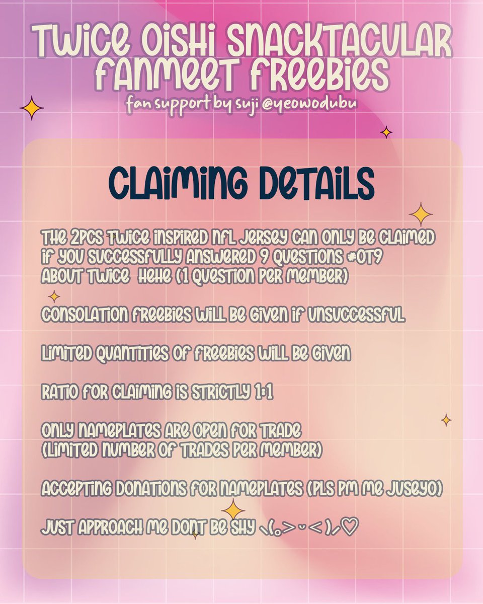 yeowodubu's tweet image. TWICE OISHI SNACKTACULAR FANMEET FREEBIES
Fan support by @yeowodubu

｡*: guidelines in this thread
｡*: bookmark for updates
｡*: please help rt and like tyy 🤍

see you, Onces!
Location: TBA
Time: TBA
#OISHIxTWICESnacktacularFanMeet