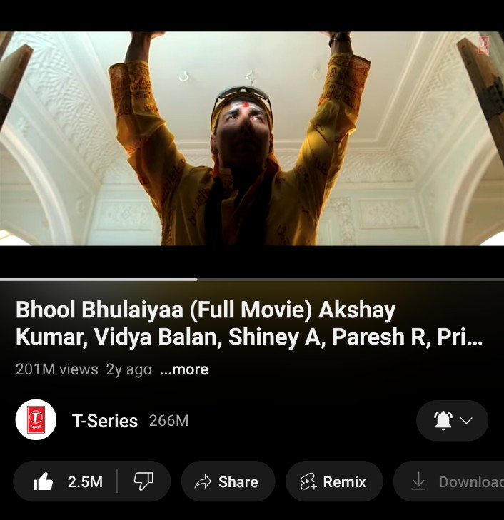 No one can hold #AkshayKumar  hand in comedy #BhoolBhulaiyaa Part 1 is so good that Part 2 gets all the credit for it 💯

Another great comedy film of Akshay Kumar has 200 million views on YouTube.#BhoolBhulaiyaa 

View - 201M
Likes - 2.5M
Comment - 37k Positive Comment