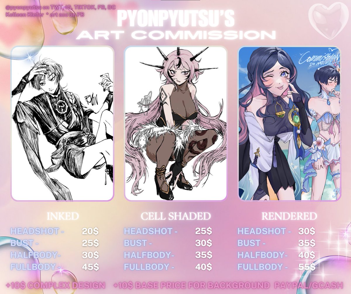 ‧₊˚✩彡 ART COMMISSIONS are open again!🍓

TOS: at least 50% downpayment first before I start
 MOP: PAYPAL / GCASH
✧₊⁺ The artwork will be sent via email [png format of final artwork + a transparent background version]
#artcommission #commission