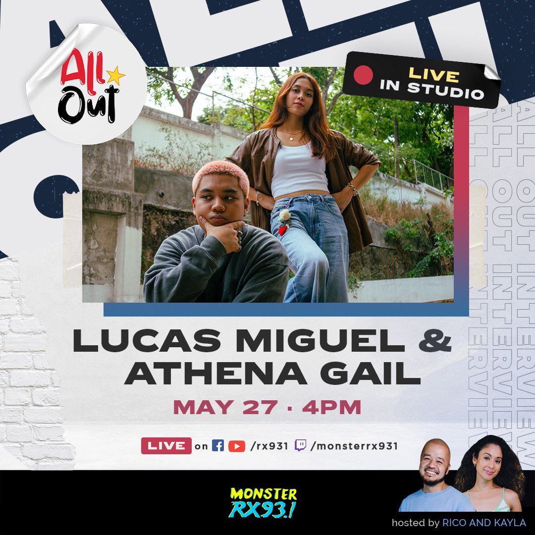 Fresh r&b and neo-soul duo, @JUSTLUCAS__ and Athena Gail talk about how their track ‘Foolishly’ came to be and inspirations behind the song, LIVE on #AllOut! ❤️‍🩹🎵

#LucasMiguelAndAthenaGailGoesAllOut happening TOMORROW, 4PM on-air and the #RX931 livestream channels. #IAmAMonster