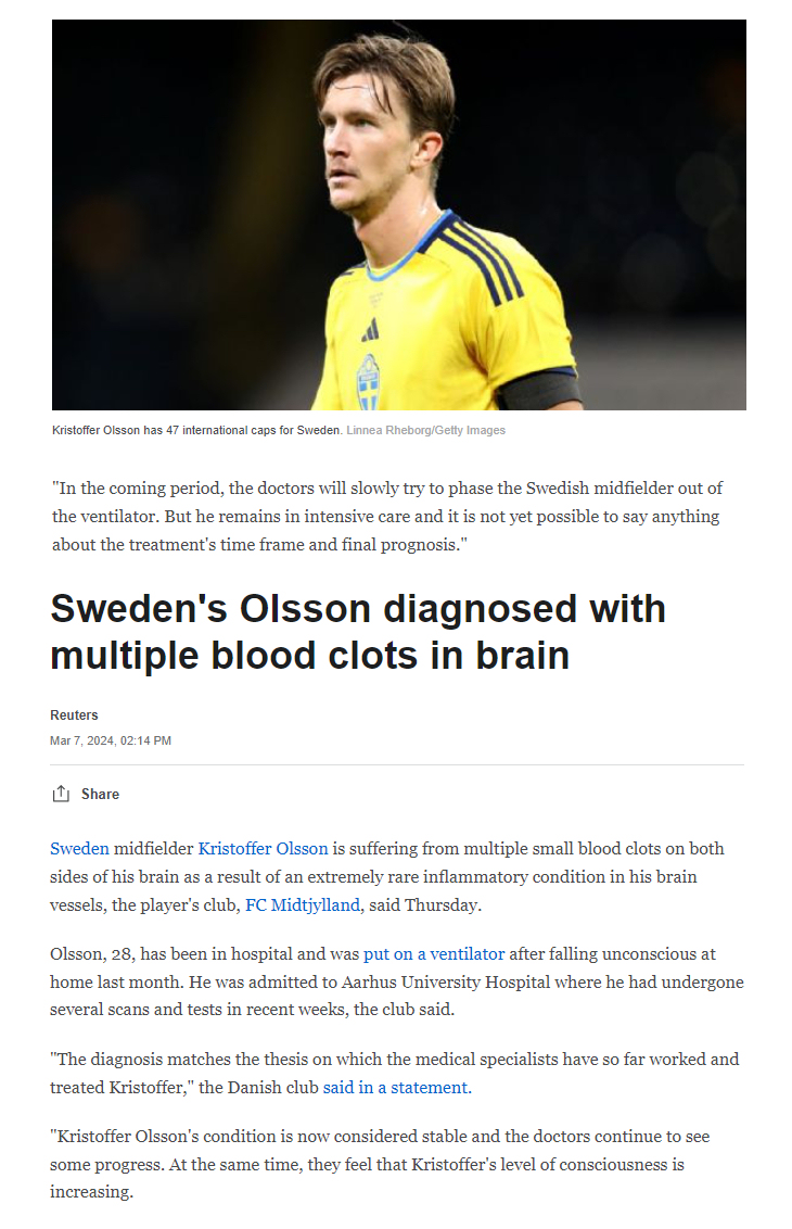 NEW ARTICLE: STANLEY CLOT - NHL Hockey Player Brock Boeser out of Game 7 with DVT blood clot and NHL's most vaxxed team, Vancouver Canucks, are out of Stanley Cup Playoffs - 10 more Athletes clotting suddenly

COVID-19 mRNA Vaccinated Athletes are being forced to retire or are