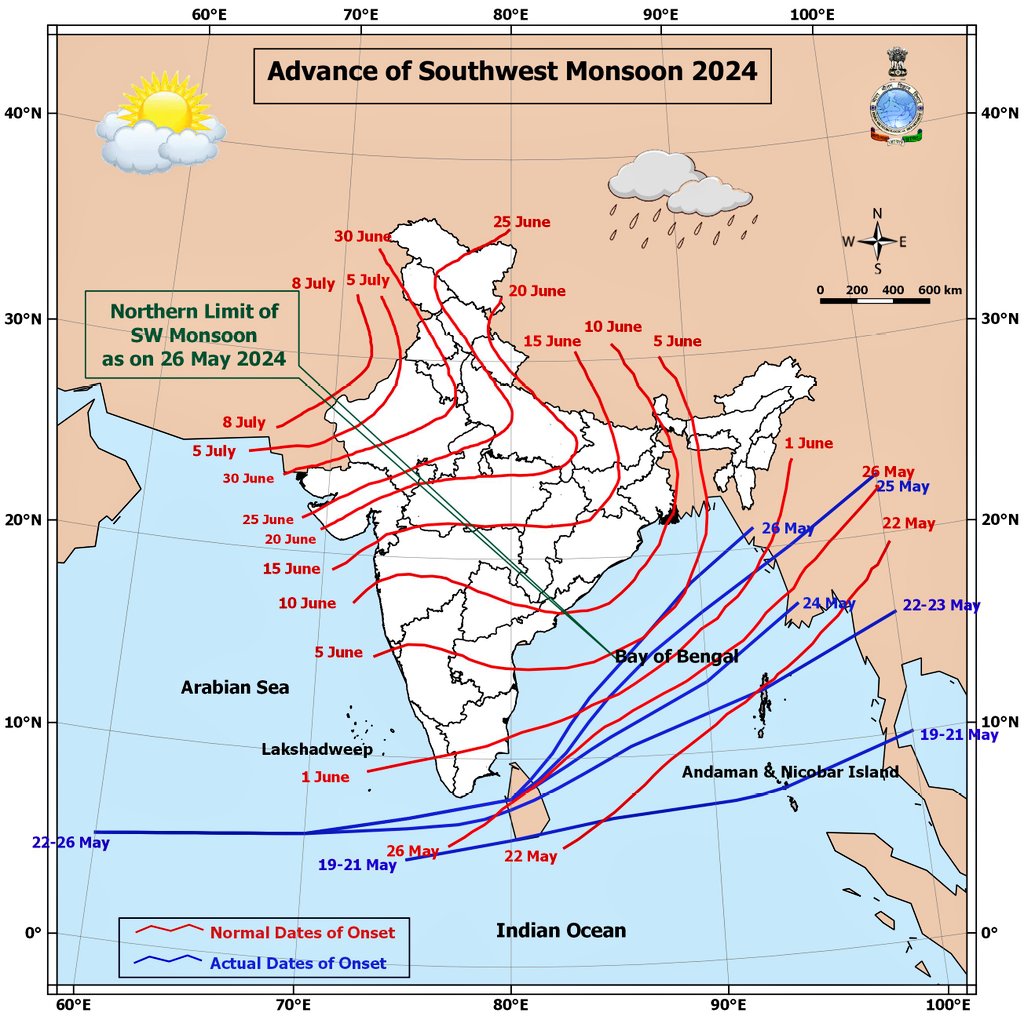 Hosalikar_KS's tweet image. #SWMonsoon further advanced to some more parts of SW Bay of Bengal, Central Bay of Bengal &amp;amp; NE Bay of Bengal today, 26 May.

📌 The Northern Limit of Monsoon passes through 05°N/60°E, 06°N/70°E, 7°N/75°E, 8°N/80°E, 
13°N/84°E, 16°N/87°E, 18.5°N/89.5°E, 21°N/93°E.