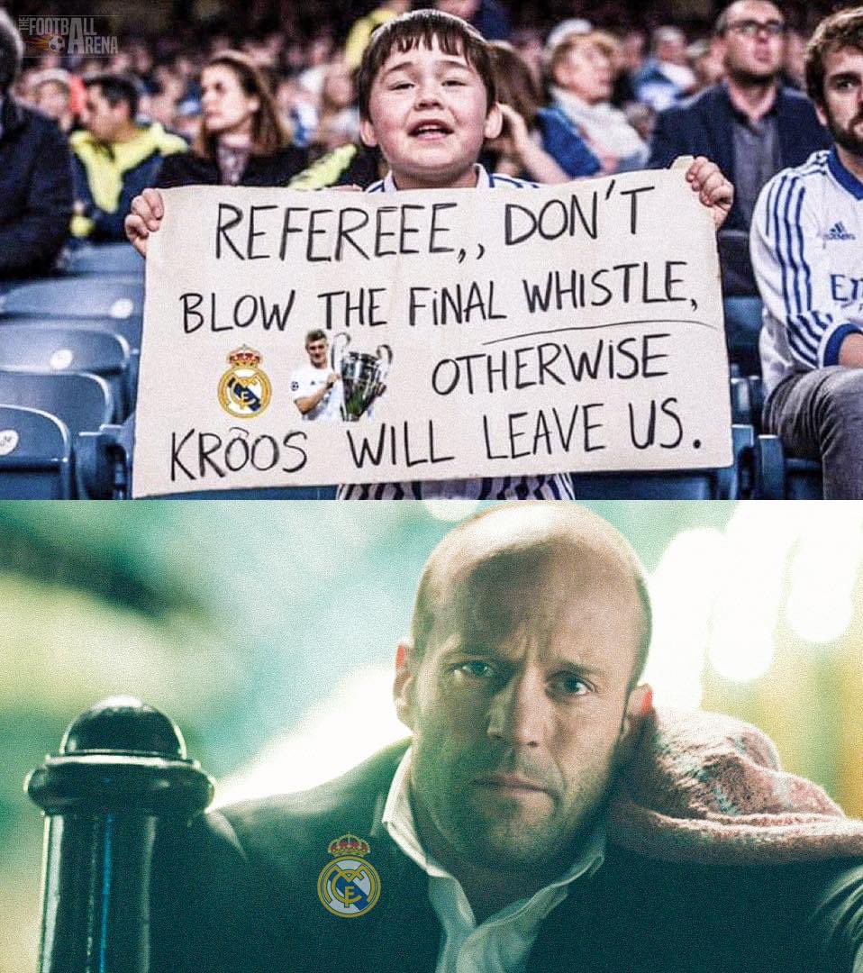 Yesterday a fan in the stands at Santiago Bernabéu with a touching banner reading: 'Referee, don't blow the whistle otherwise Kroos will leaves us.' This hurts every Real Madrid fan..💔