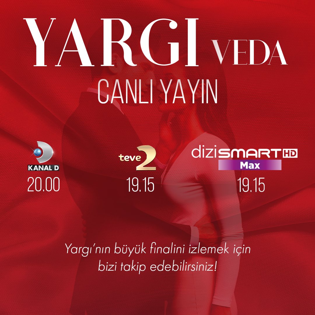 #Yargı’nın büyük finalini canlı yayınla izlemek için bizi takip etmeyi unutmayın! ❤️

#KanalD ➡️ 20.00

#Teve2 ➡️ 19.15

#DiziSmartMax ➡️ 19.15

#YargıVeda