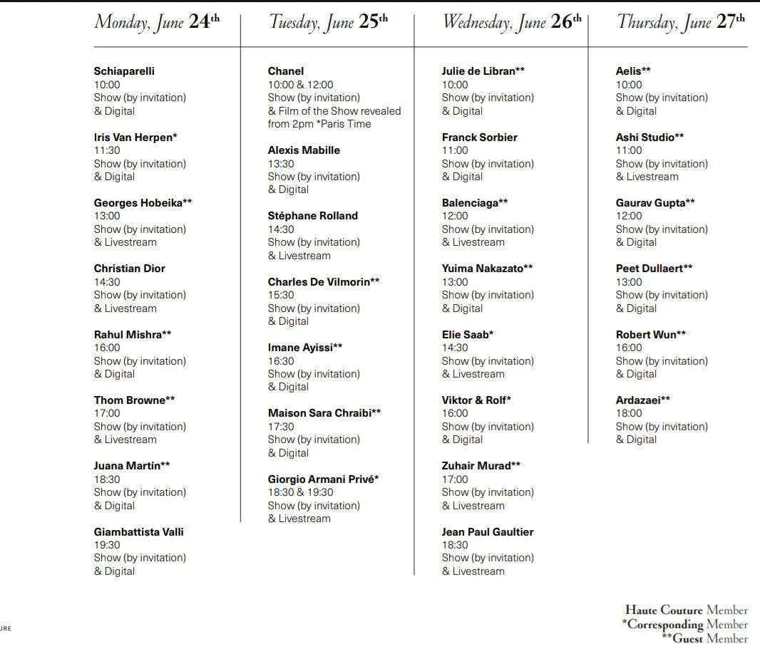This is the updated version of the schedule (minus Fendi couture). Couture week is officially less than a month away!!☆
