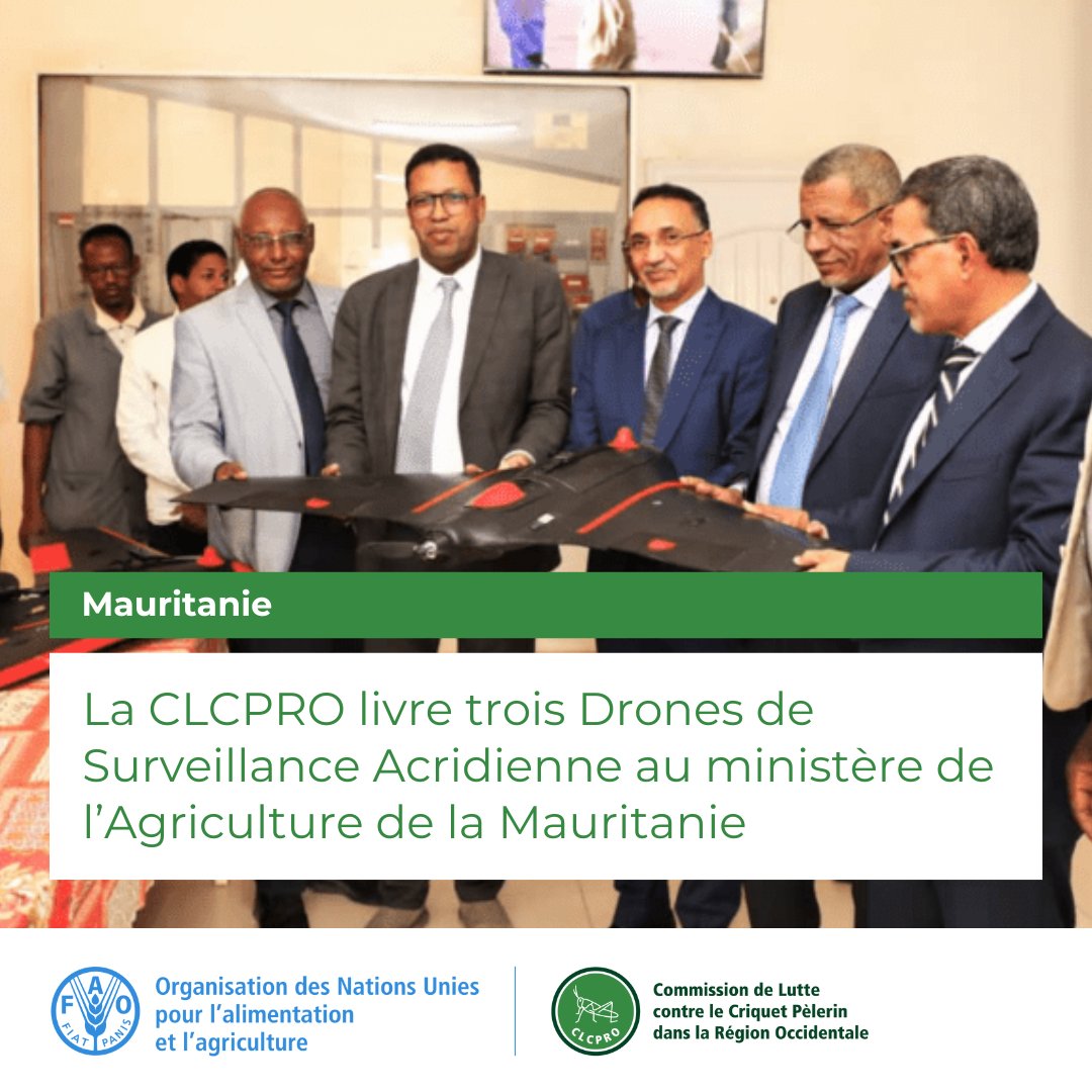 #Coopération_Régionale #Lutte_Antiacridienne la @clcpro_fao livre trois #drones de #surveillance #acridienne au Ministère de l'Agriculture en #Mauritanie #FAO #CLCPRO @FAO @FAOLocust @FAOMR  

 Lire plus: fao.org/clcpro/nouvell…
