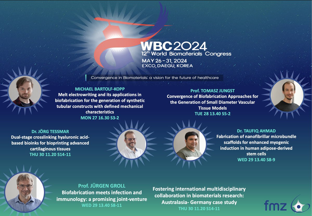 Biofabrication Würzburg (@biofabwue) on Twitter photo Don't miss out on the talks from our speakers from Würzburg <a href="/2024Wbc/">12th World Biomaterials Congress (WBC 2024)</a>, Daegu, talking about #vasculature, #hydrogels, #mew, #biofabrication!
<a href="/BartolfKopp/">Michael Bartolf-Kopp</a> <a href="/juergengroll/">Jürgen Groll</a> <a href="/taufiqbiotech/">Taufiq Ahmad</a> <a href="/JoergTessmar/">JTessmar</a> Don't miss out on the talks from our speakers from Würzburg <a href="/2024Wbc/">12th World Biomaterials Congress (WBC 2024)</a>, Daegu, talking about #vasculature, #hydrogels, #mew, #biofabrication!
<a href="/BartolfKopp/">Michael Bartolf-Kopp</a> <a href="/juergengroll/">Jürgen Groll</a> <a href="/taufiqbiotech/">Taufiq Ahmad</a> <a href="/JoergTessmar/">JTessmar</a>